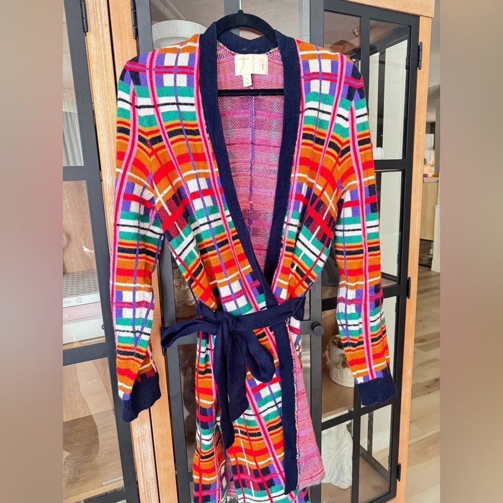 Anthropologie Moth Williston Plaid cardigan colorful knit tie waist coat sweater
